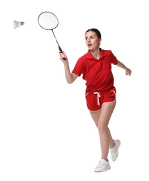 Young woman playing badminton with racket and feather shuttlecock on white background