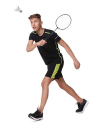 Image of Young man playing badminton with racket and feather shuttlecock on white background