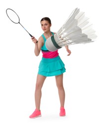 Young woman playing badminton with racket and feather shuttlecock on white background