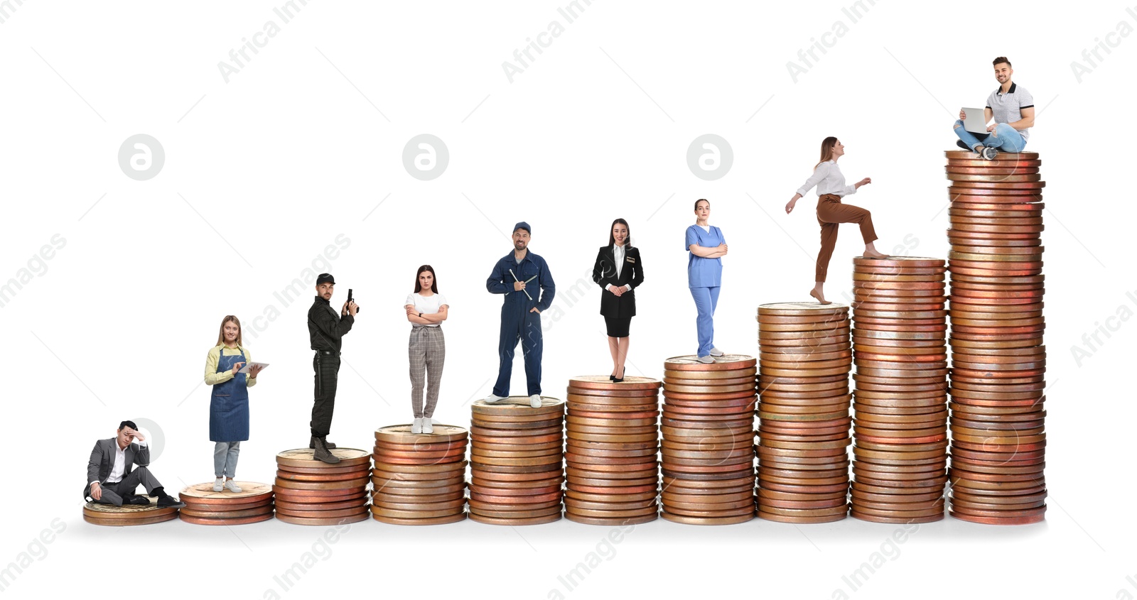 Image of People of various professions on stacks of coins of different height against white background, banner design