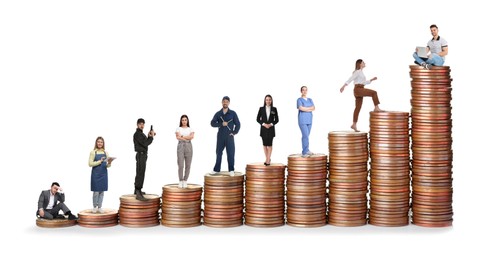 Image of People of various professions on stacks of coins of different height against white background, banner design