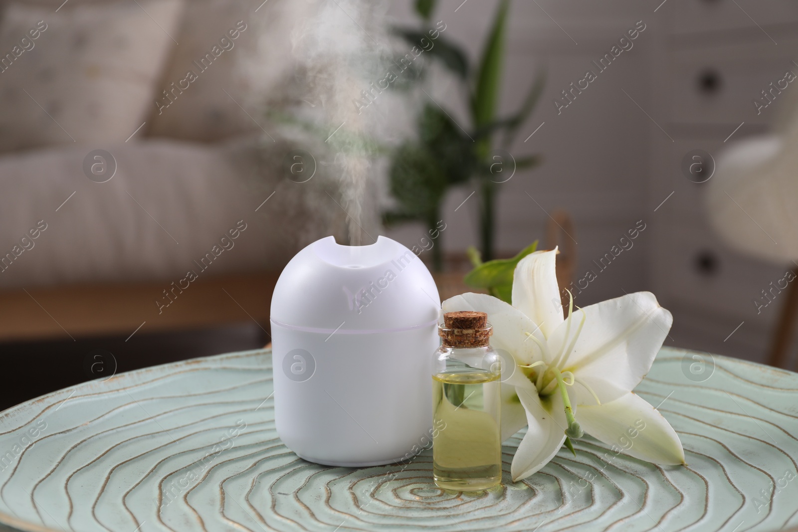 Image of Aroma diffuser, flower and bottle of essential oil on table in room