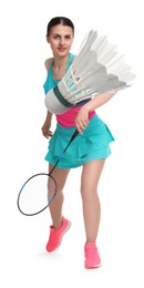 Young woman playing badminton with racket and feather shuttlecock on white background