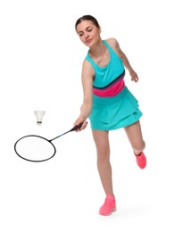 Young woman playing badminton with racket and feather shuttlecock on white background