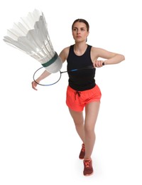 Young woman playing badminton with racket and feather shuttlecock on white background