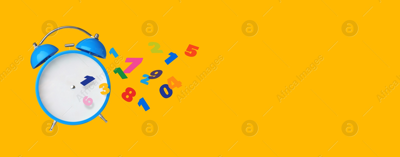 Image of Numbers flying away from alarm clock on orange background, banner design with space for text. Time related concepts