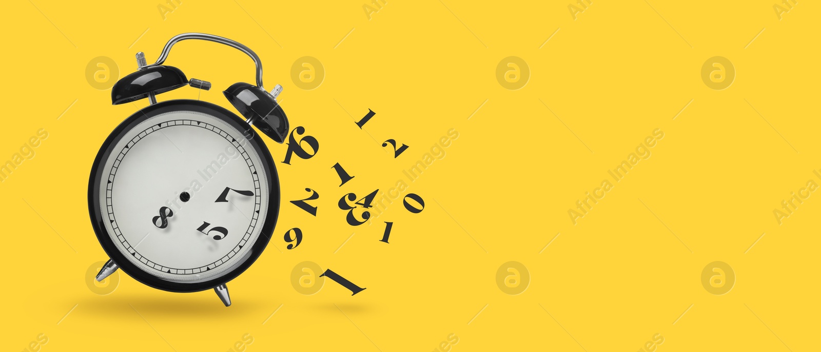 Image of Numbers flying away from alarm clock on orange background, banner design with space for text. Time related concepts