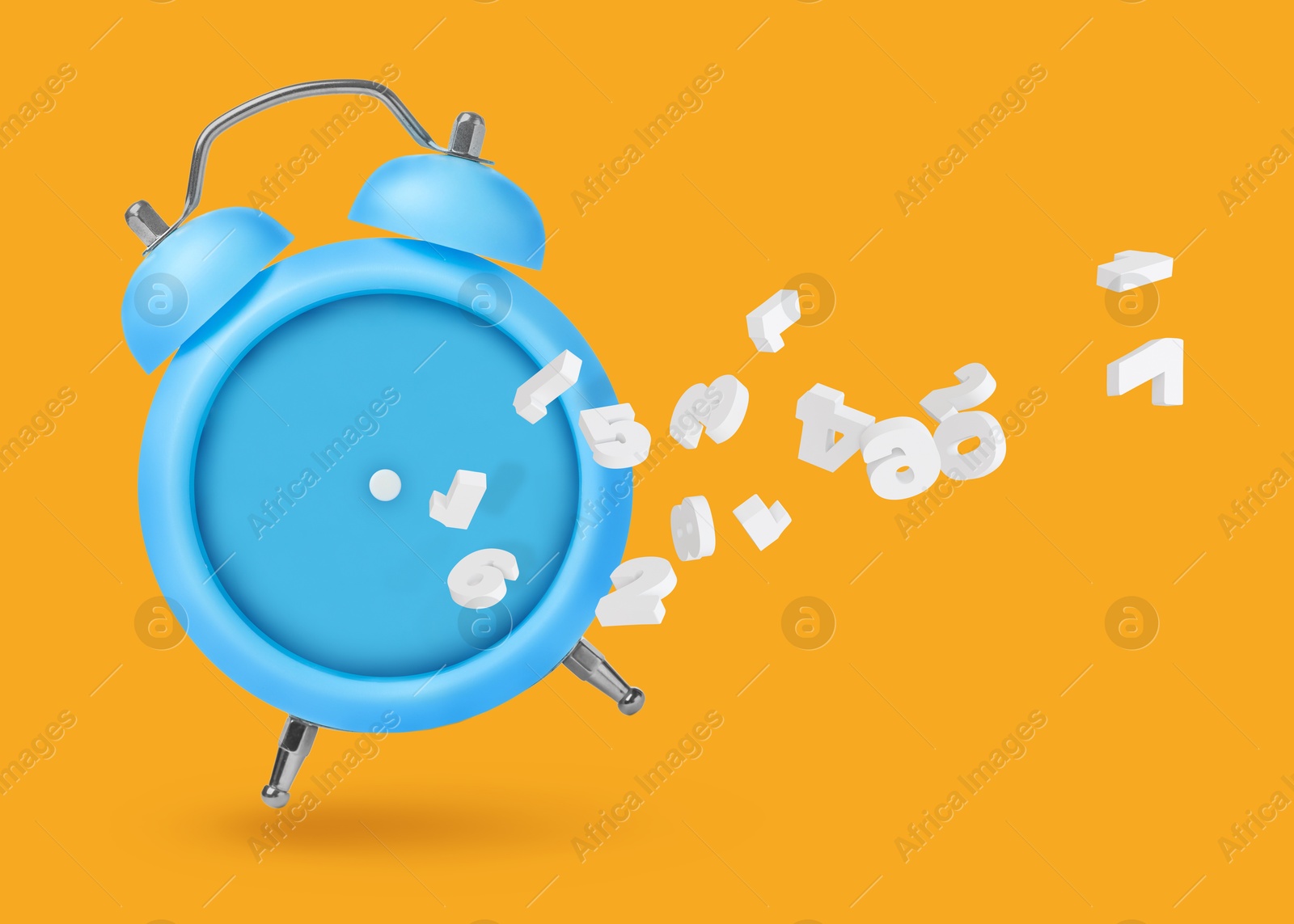 Image of Numbers flying away from alarm clock on orange background. Time related concepts