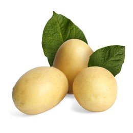 Image of Potatoes and green leaves isolated on white