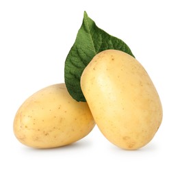 Image of Potatoes and green leaf isolated on white