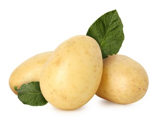 Image of Potatoes and green leaves isolated on white