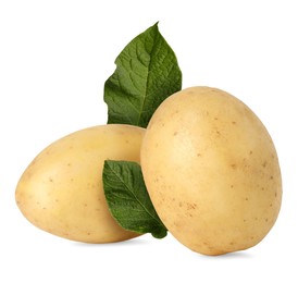 Potatoes and green leaves isolated on white