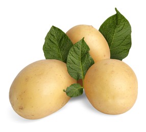 Image of Potatoes and green leaves isolated on white