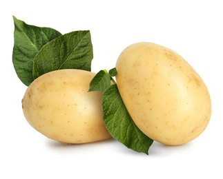 Image of Potatoes and green leaves isolated on white