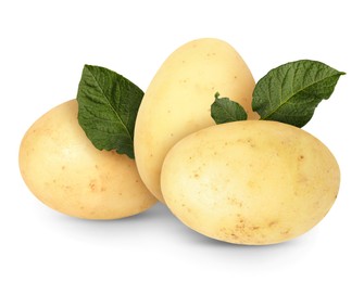 Image of Potatoes and green leaves isolated on white