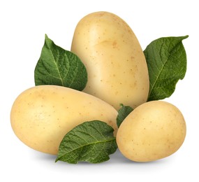 Image of Potatoes and green leaves isolated on white