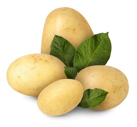 Image of Potatoes and green leaves isolated on white