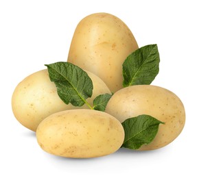 Image of Potatoes and green leaves isolated on white