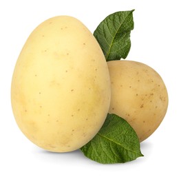 Image of Potatoes and green leaves isolated on white