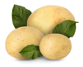 Image of Potatoes and green leaves isolated on white