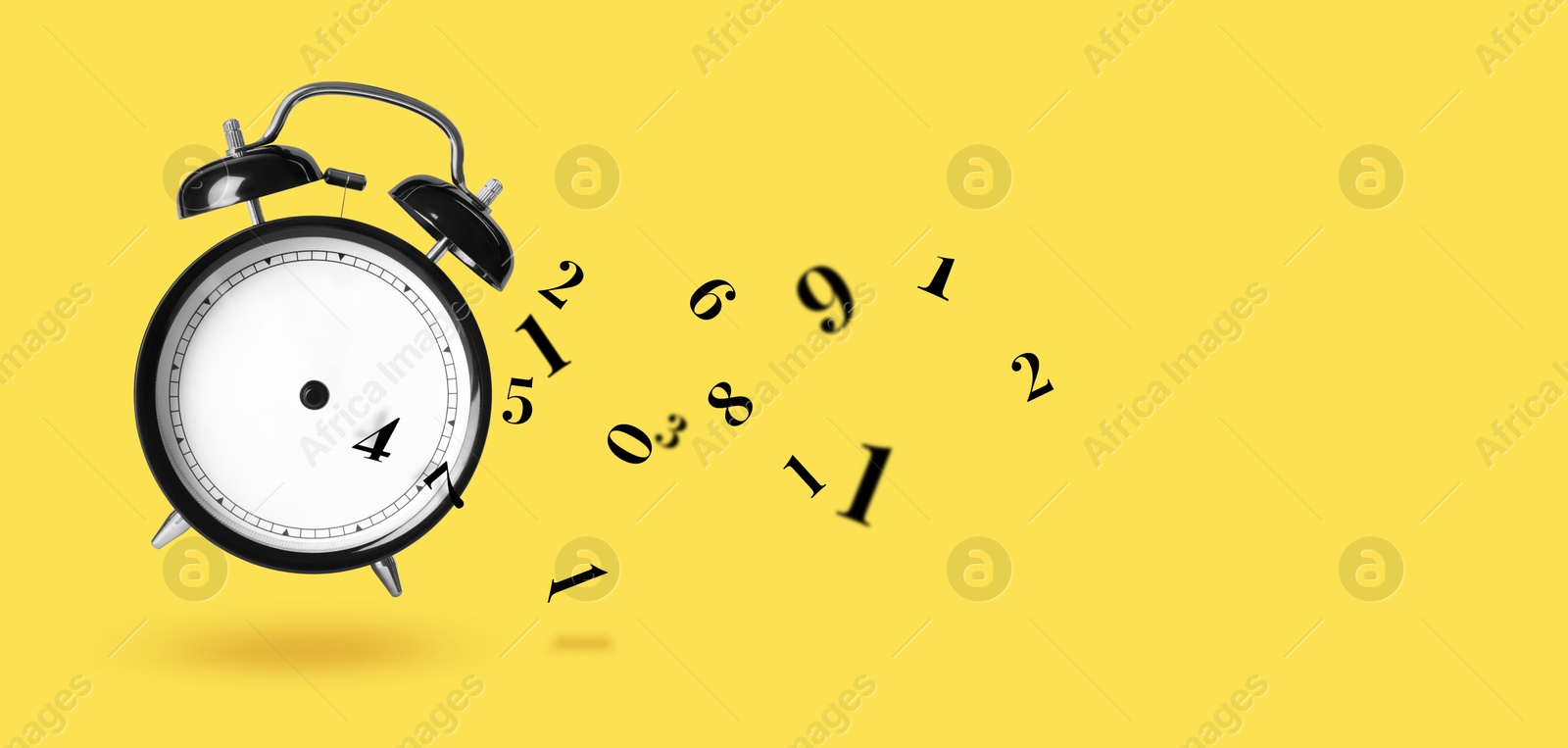 Image of Numbers flying away from alarm clock on orange background, banner design with space for text. Time related concepts