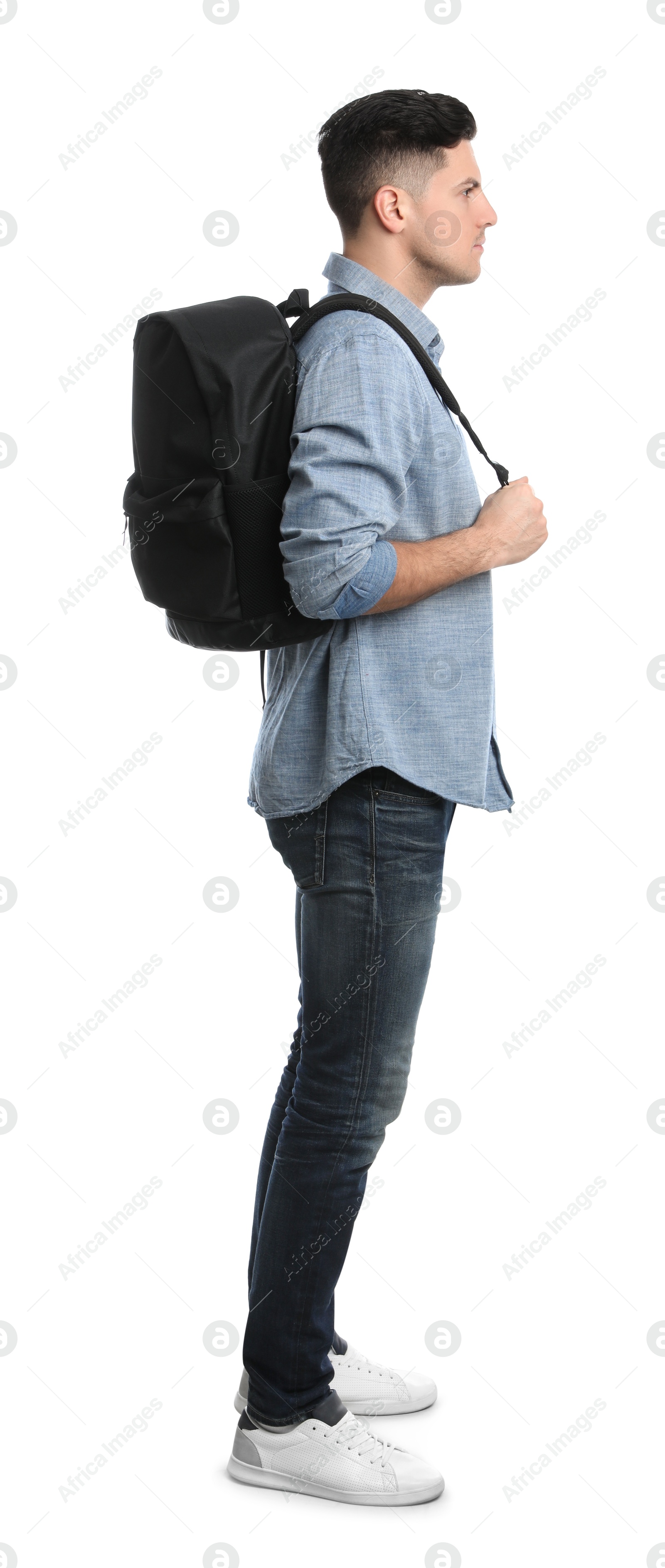 Photo of Man in casual clothes with backpack on white background