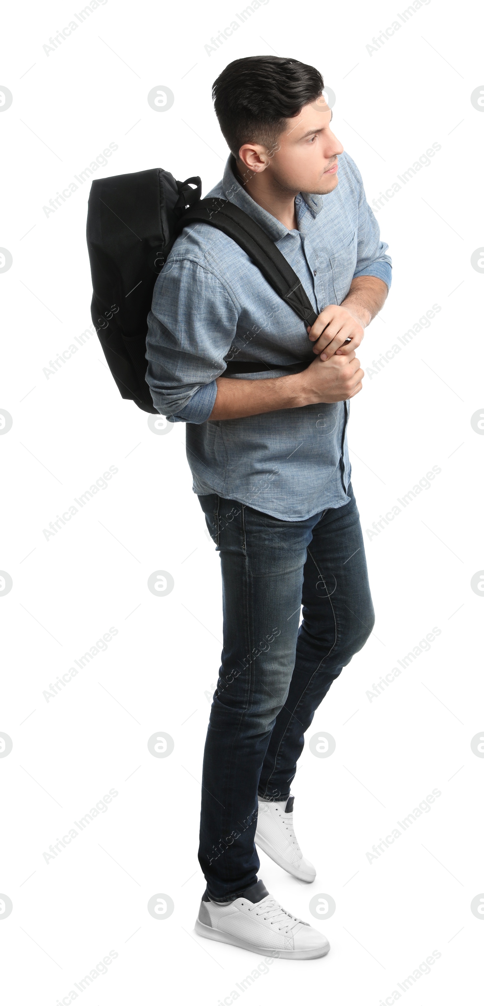 Photo of Man in casual clothes with backpack on white background