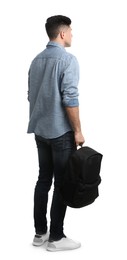 Man in casual clothes with backpack on white background, back view