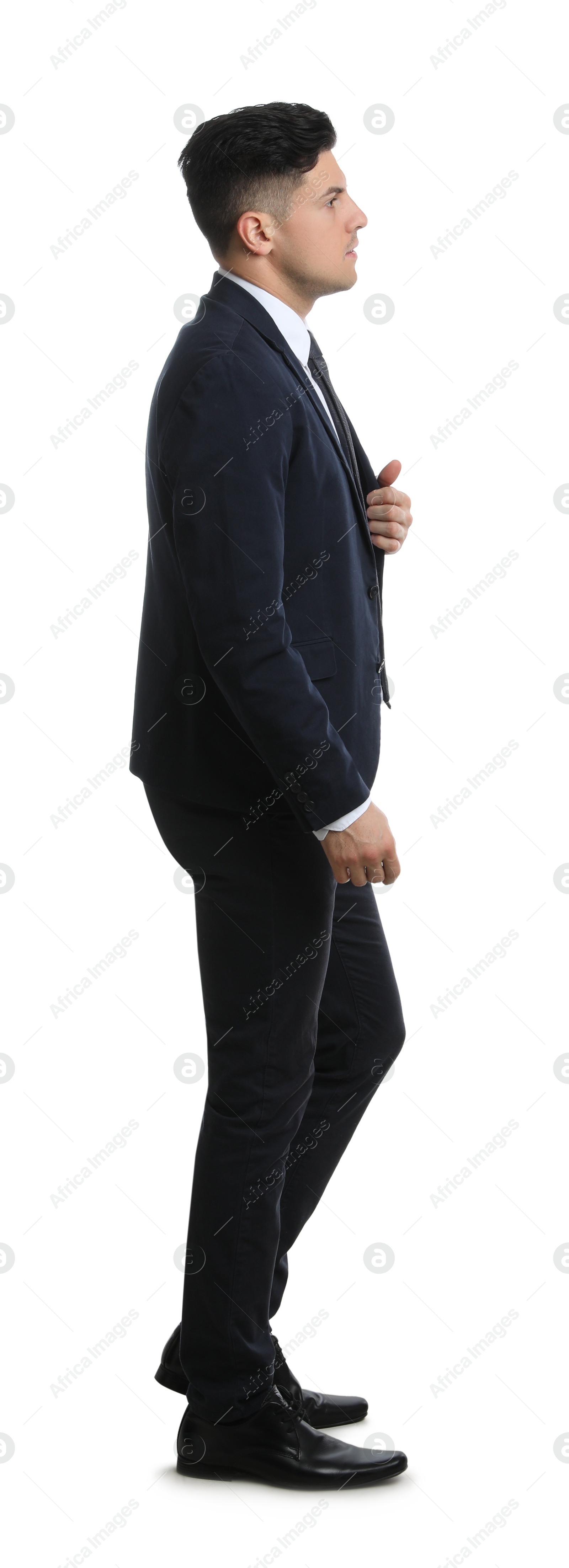 Photo of Businessman in stylish suit on white background