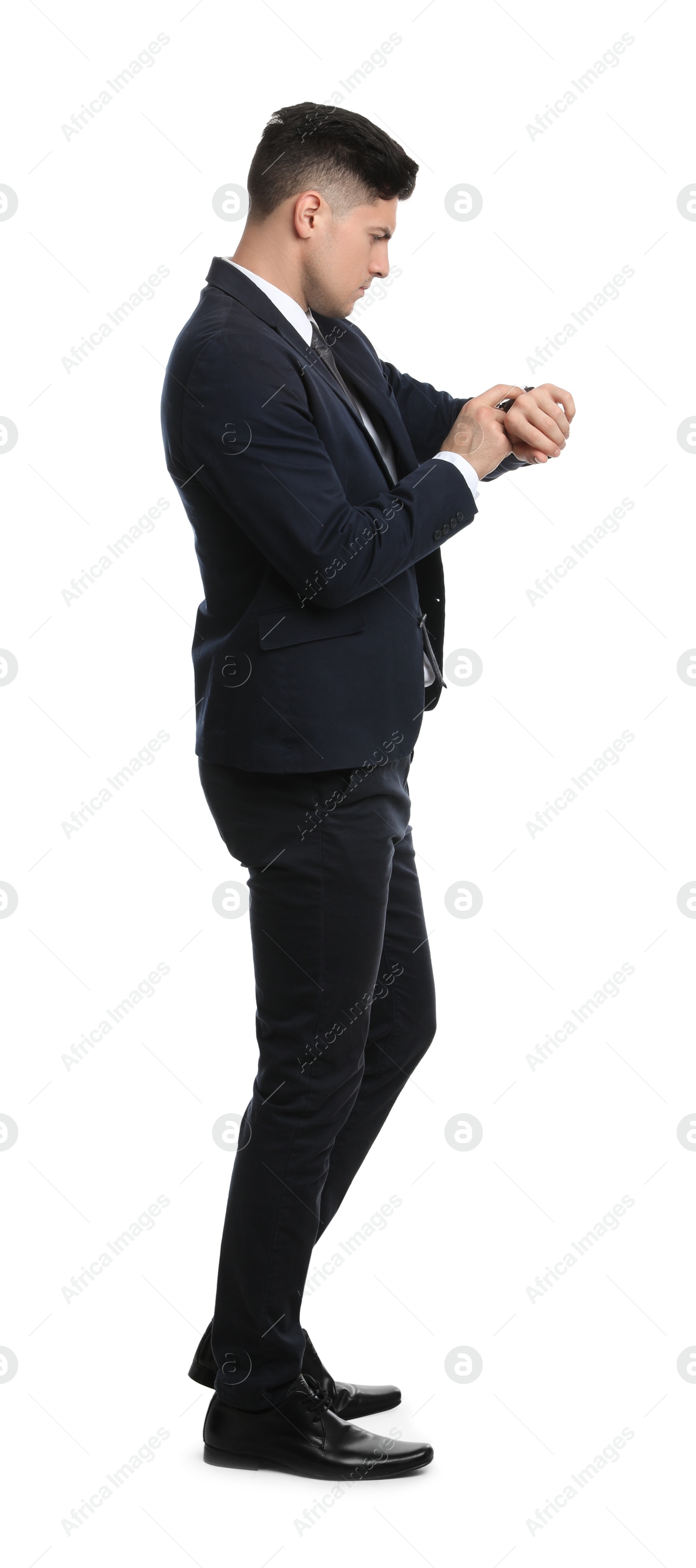 Photo of Businessman in suit waiting on white background