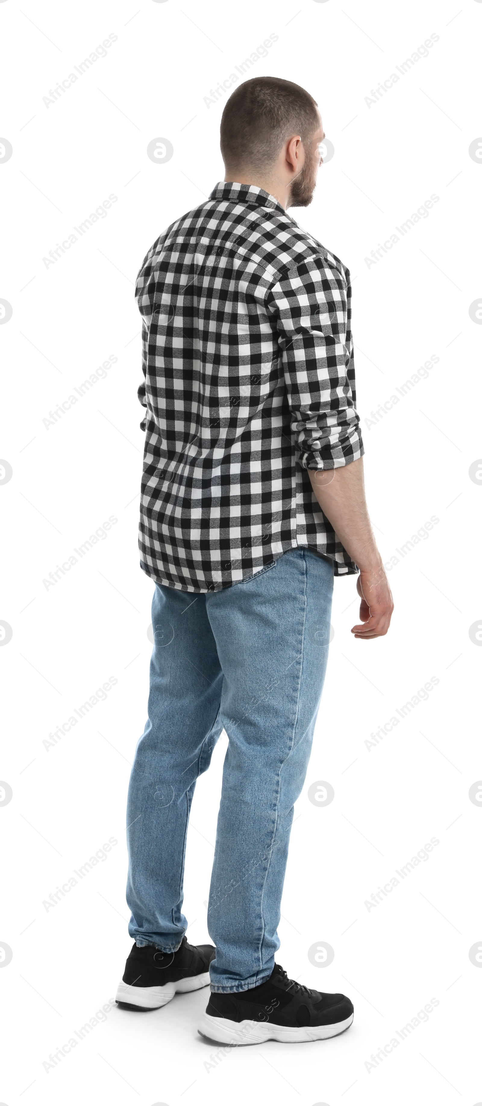 Photo of Man in casual clothes on white background, back view