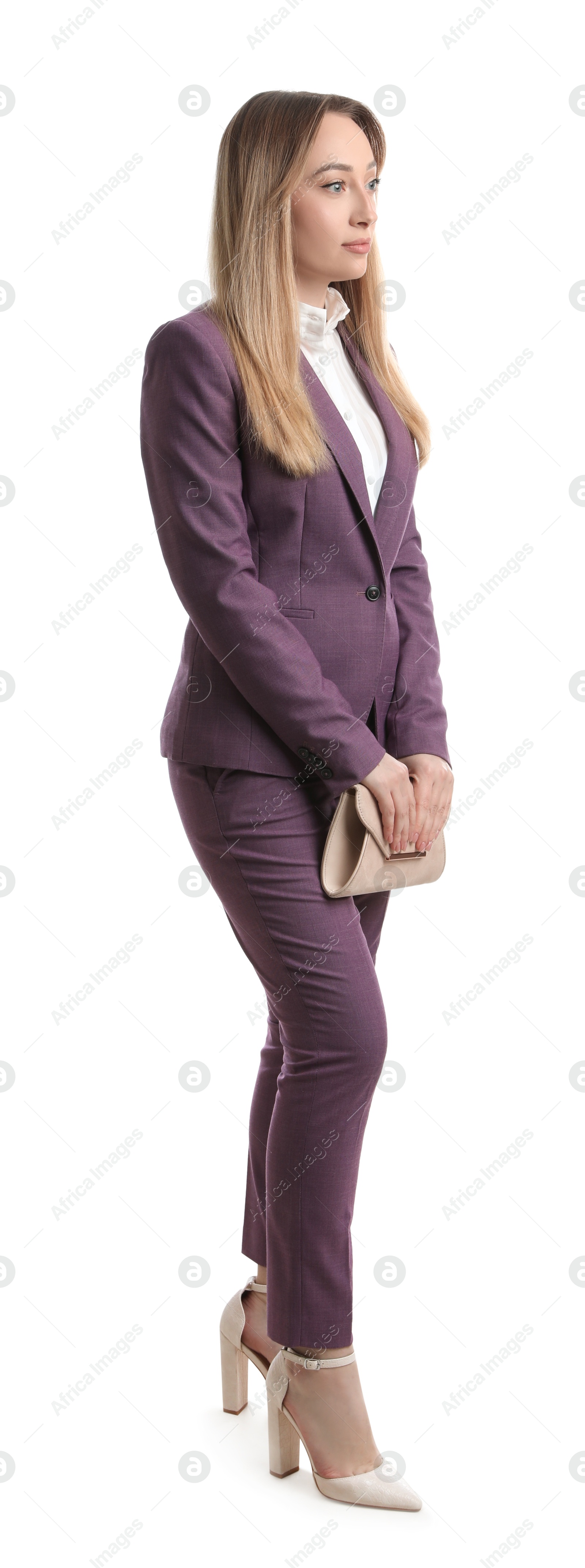 Photo of Businesswoman in stylish suit on white background