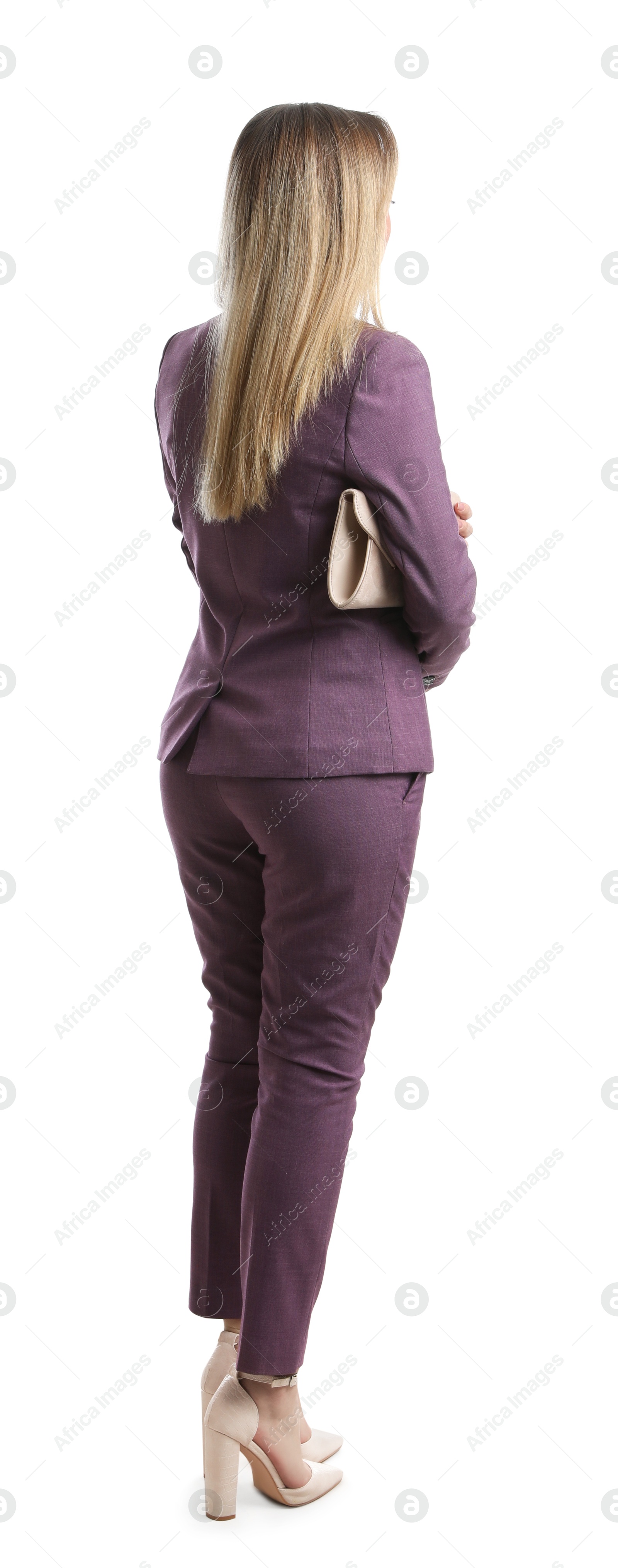 Photo of Businesswoman in stylish suit on white background, back view