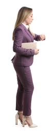 Photo of Businesswoman in stylish suit waiting on white background