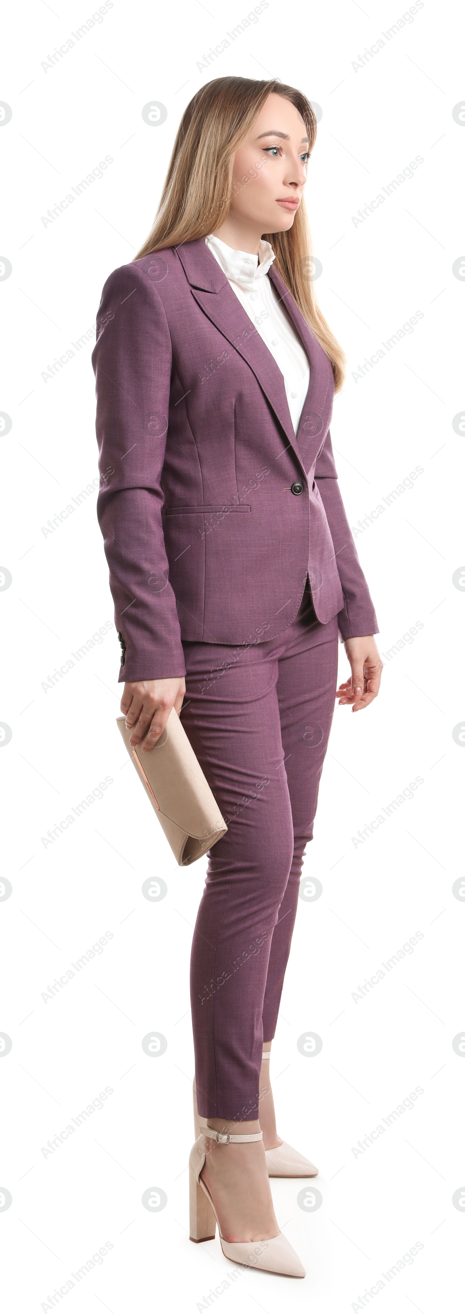 Photo of Businesswoman in stylish suit on white background