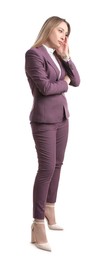 Photo of Businesswoman in stylish suit on white background