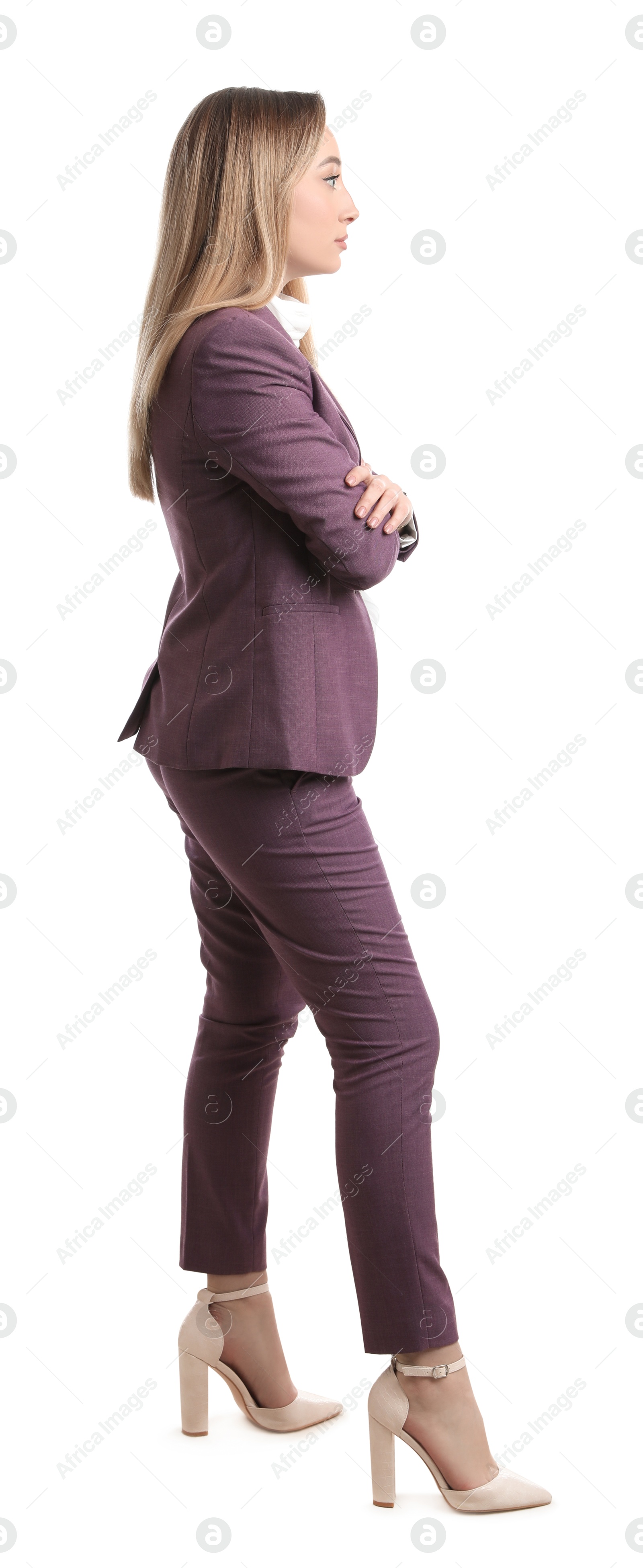 Photo of Businesswoman in stylish suit on white background