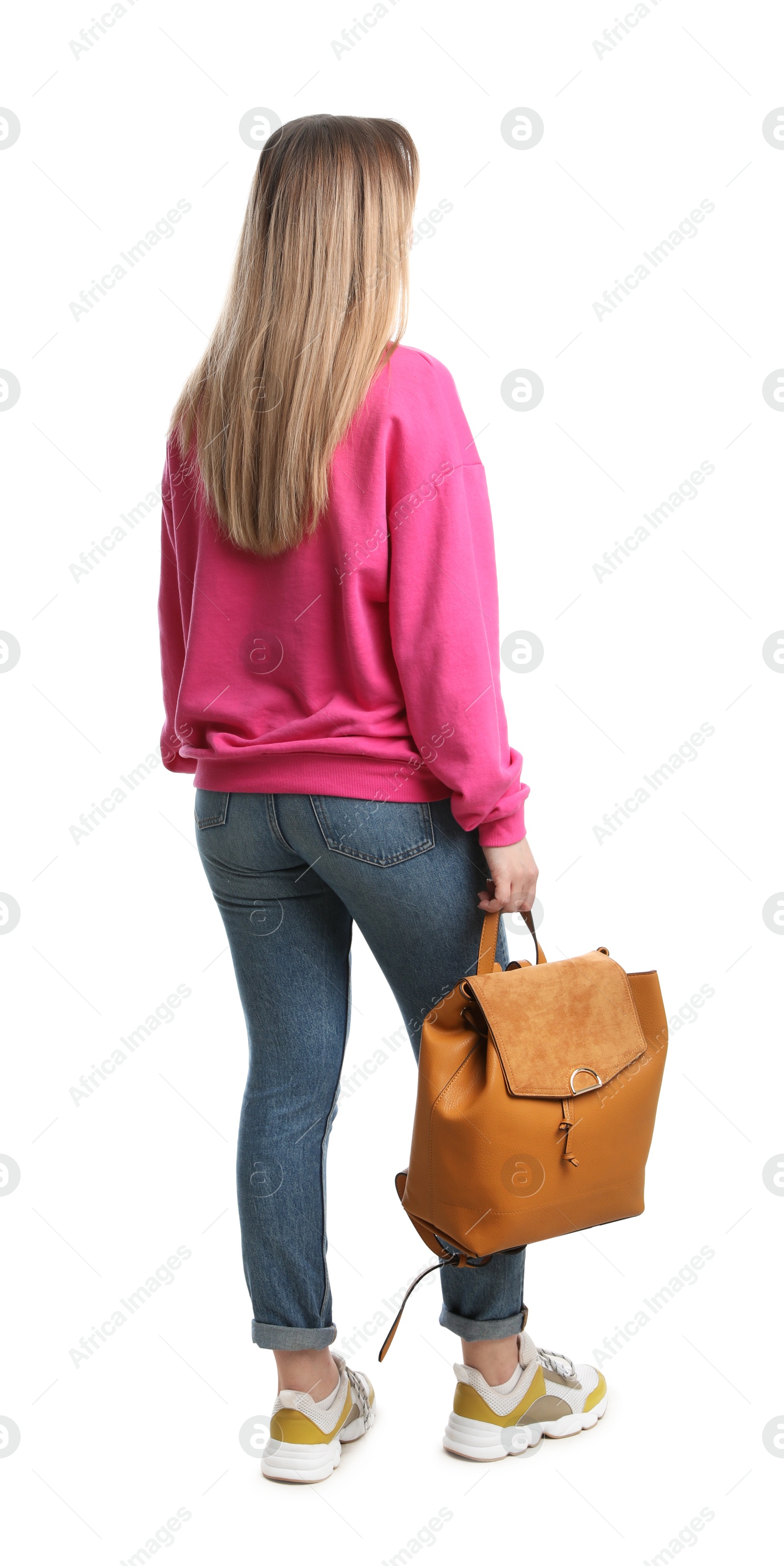 Photo of Woman in casual outfit with backpack on white background, back view