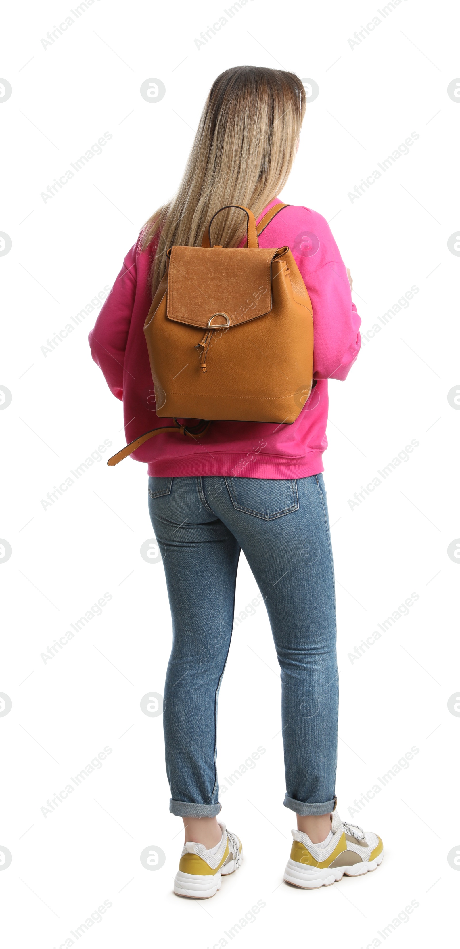 Photo of Woman in casual outfit with backpack on white background, back view