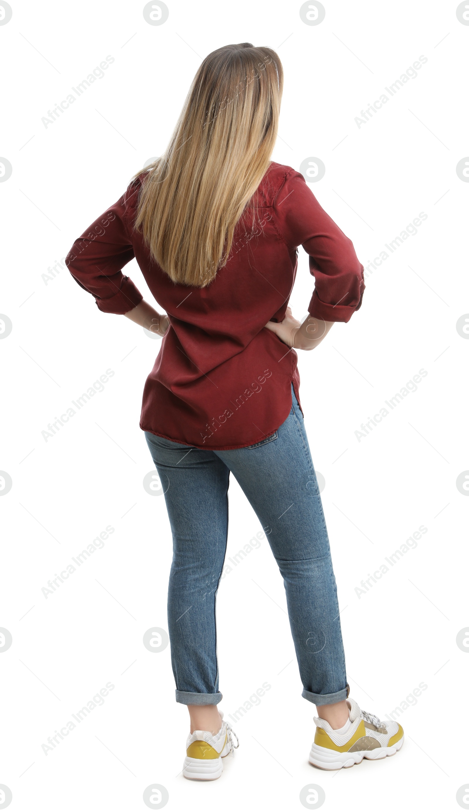 Photo of Woman in casual outfit on white background, back view