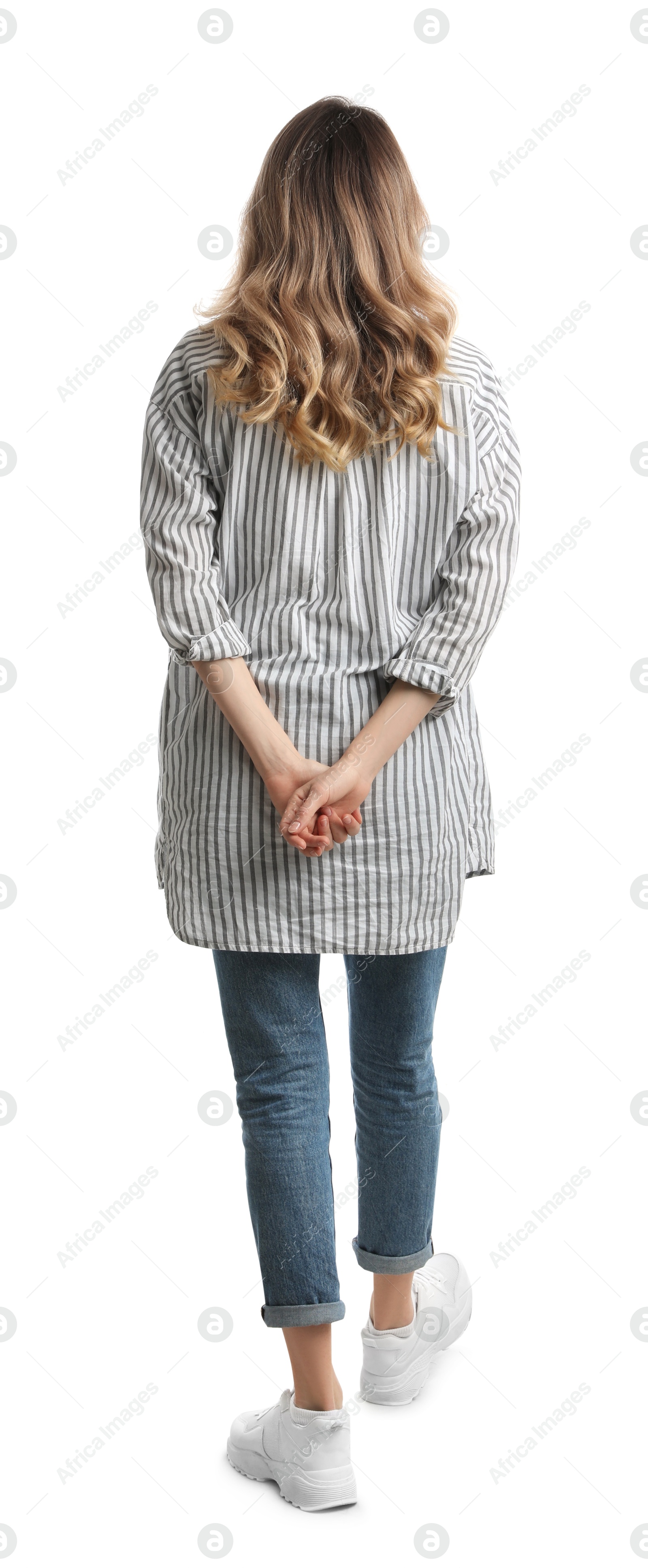 Photo of Woman in casual outfit on white background, back view