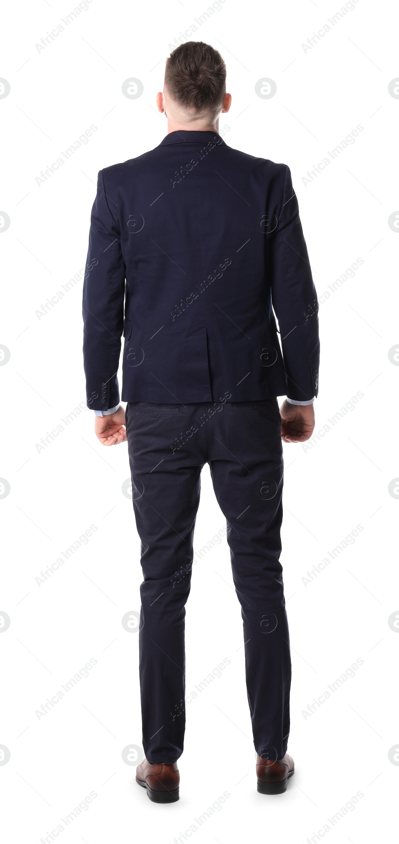 Photo of Man standing in queue on white background, back view