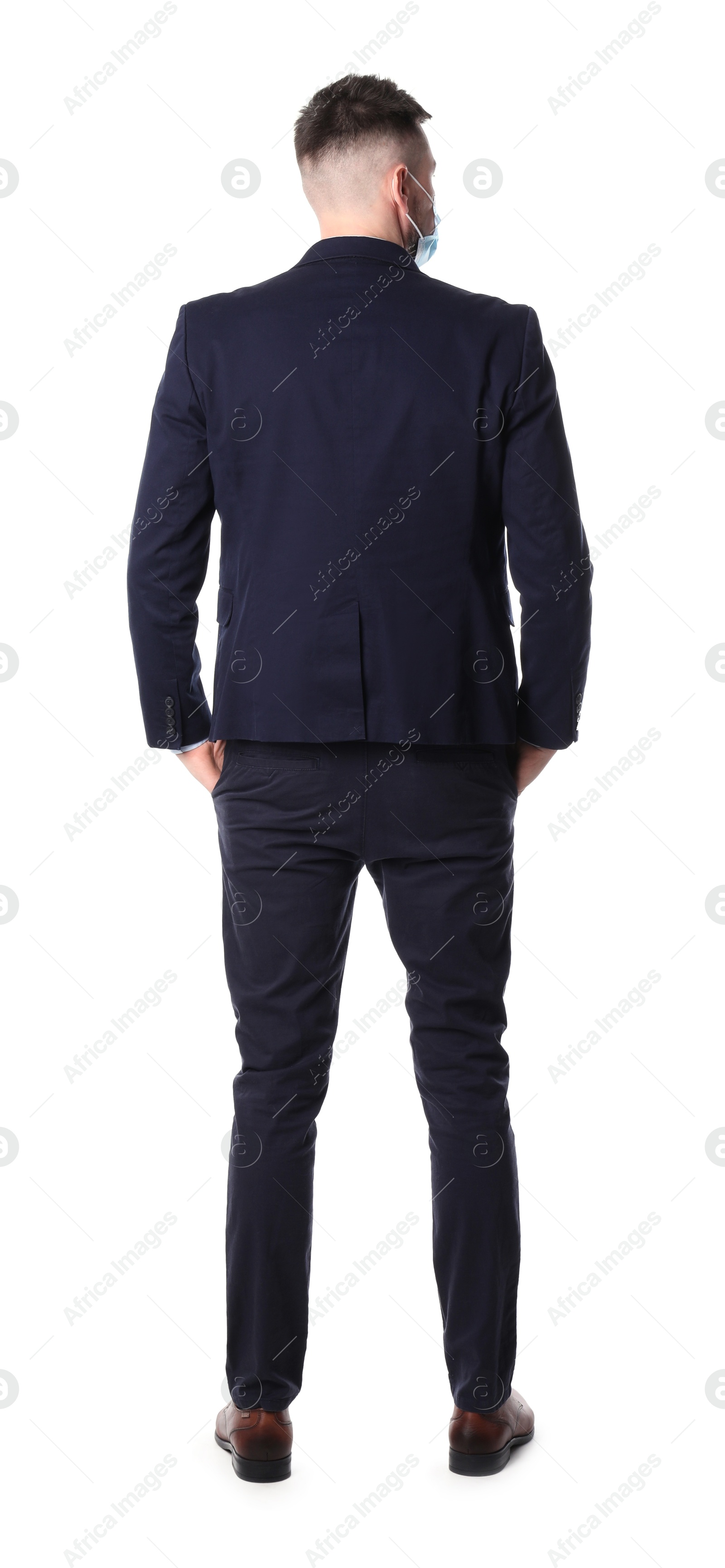 Photo of Man standing in queue on white background, back view