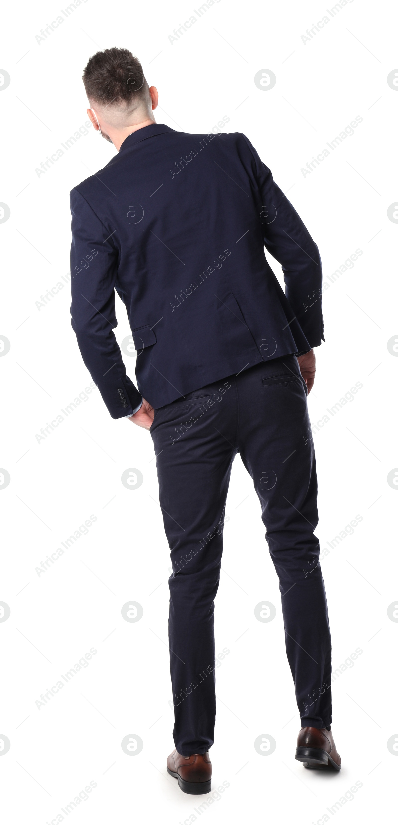 Photo of Man standing in queue on white background, back view