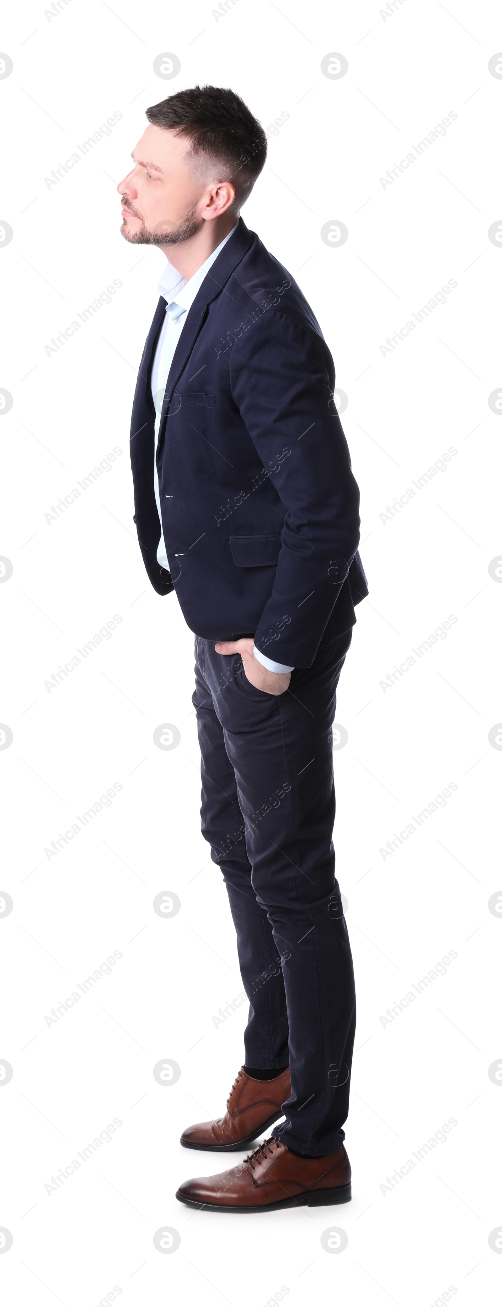 Photo of Man standing in queue on white background