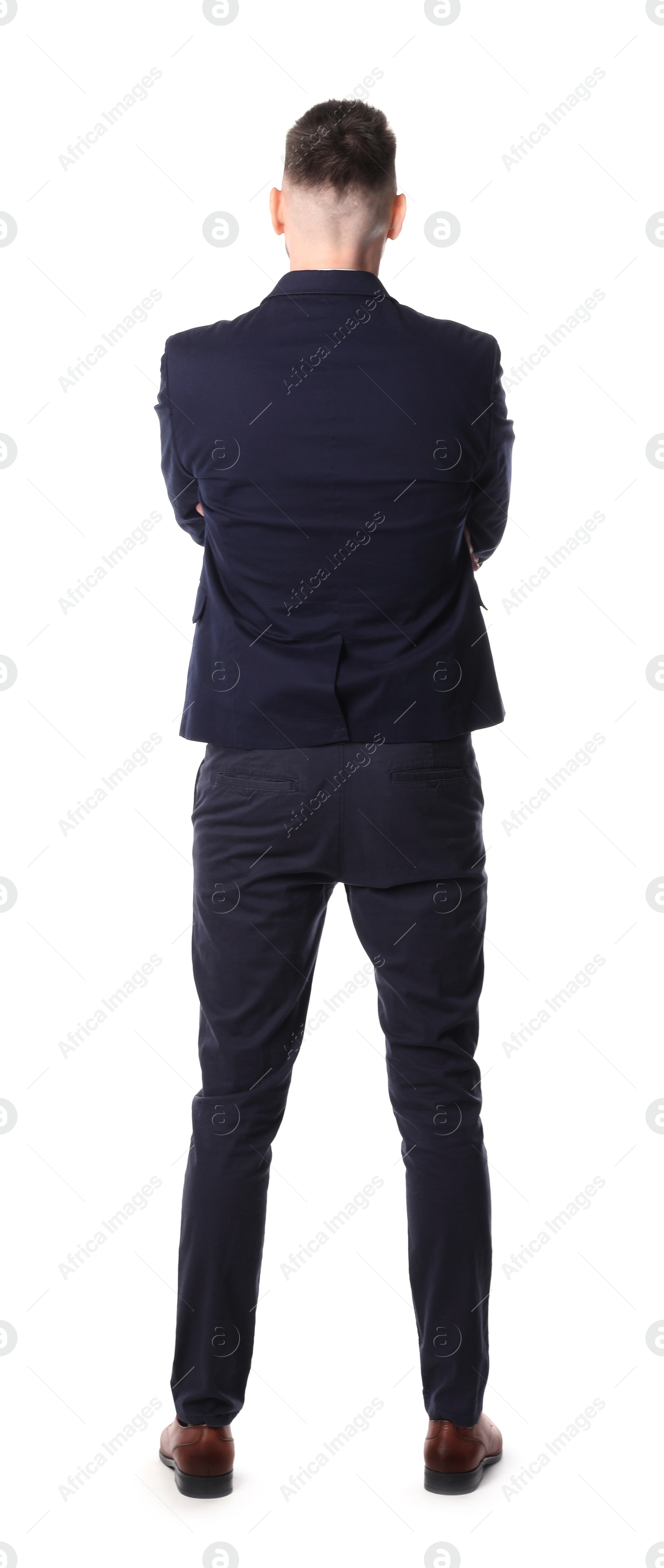 Photo of Man standing in queue on white background, back view