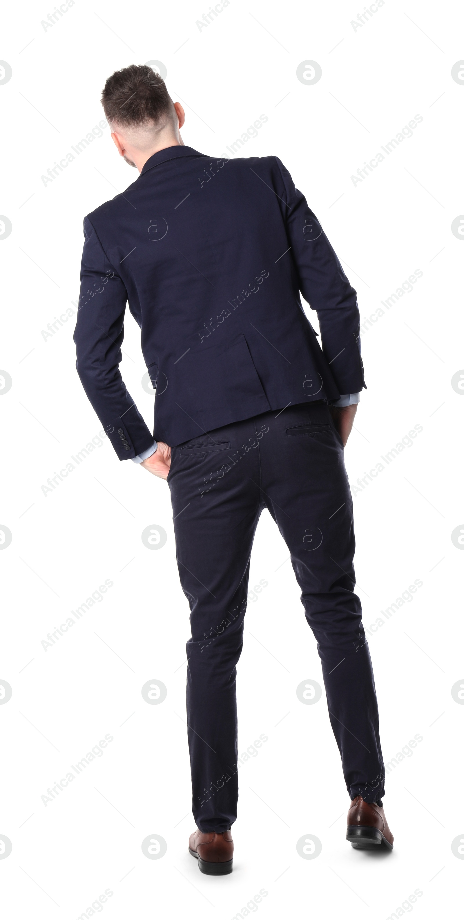 Photo of Man standing in queue on white background, back view