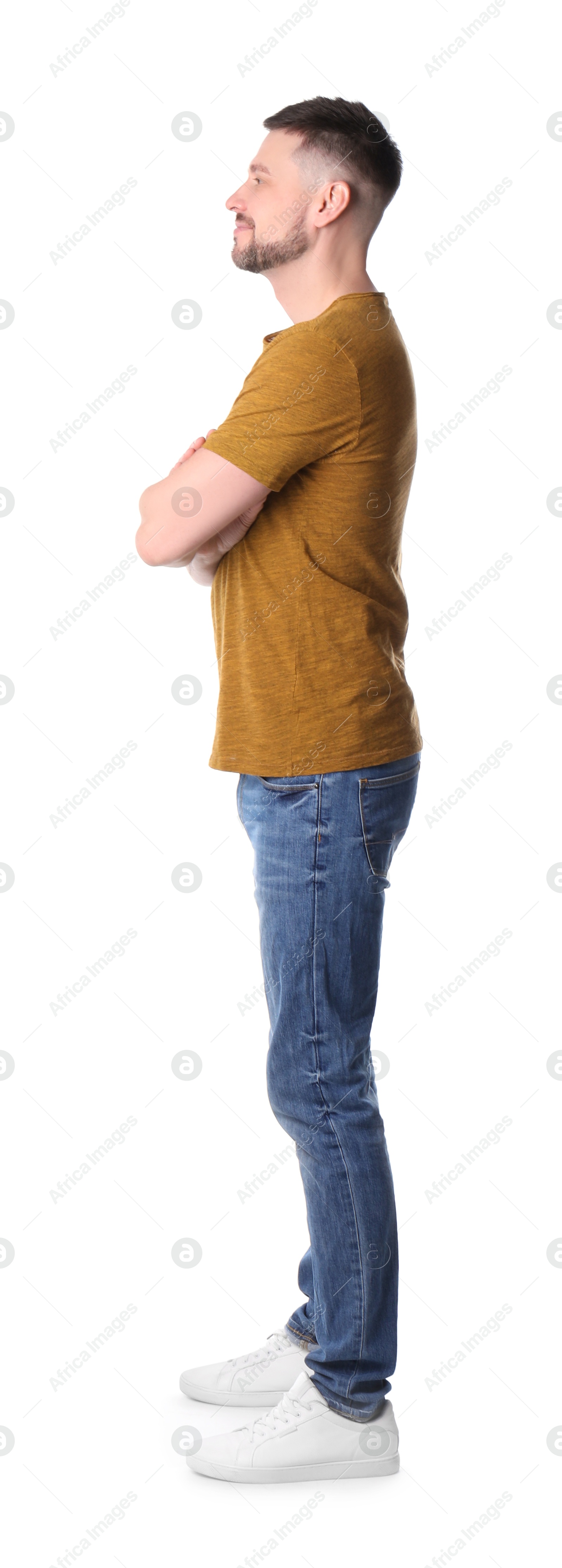 Photo of Man standing in queue on white background