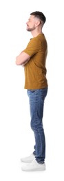 Man standing in queue on white background