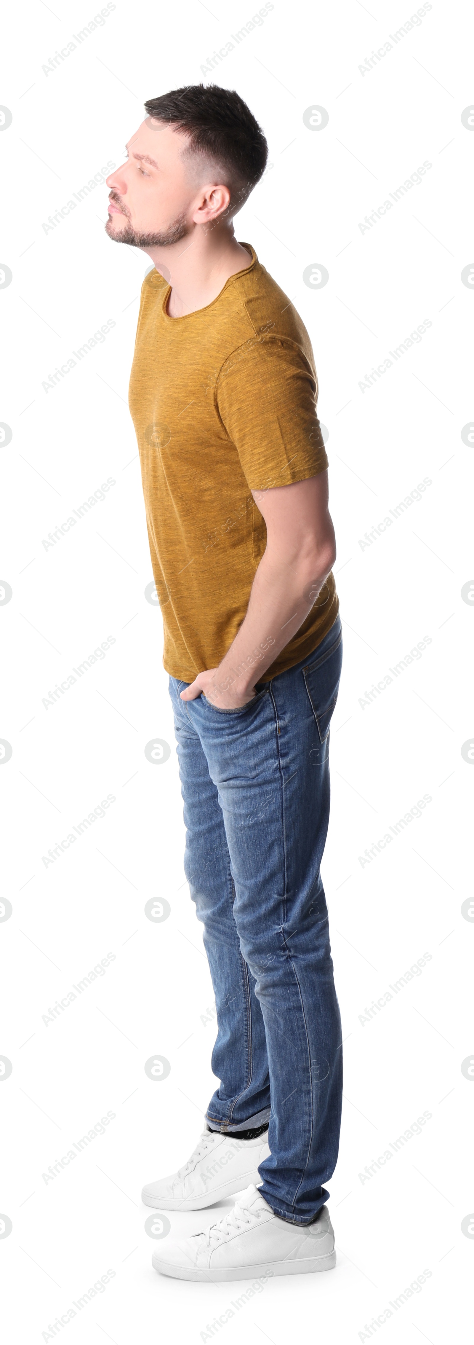 Photo of Man standing in queue on white background